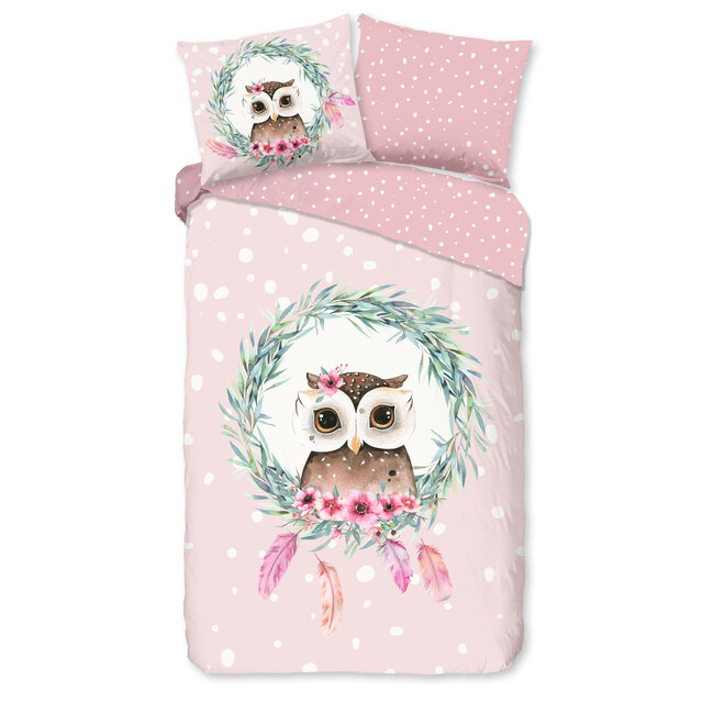 Katoen kinderdekbedovertrek uil roze - 140x220 + 60x70 cm