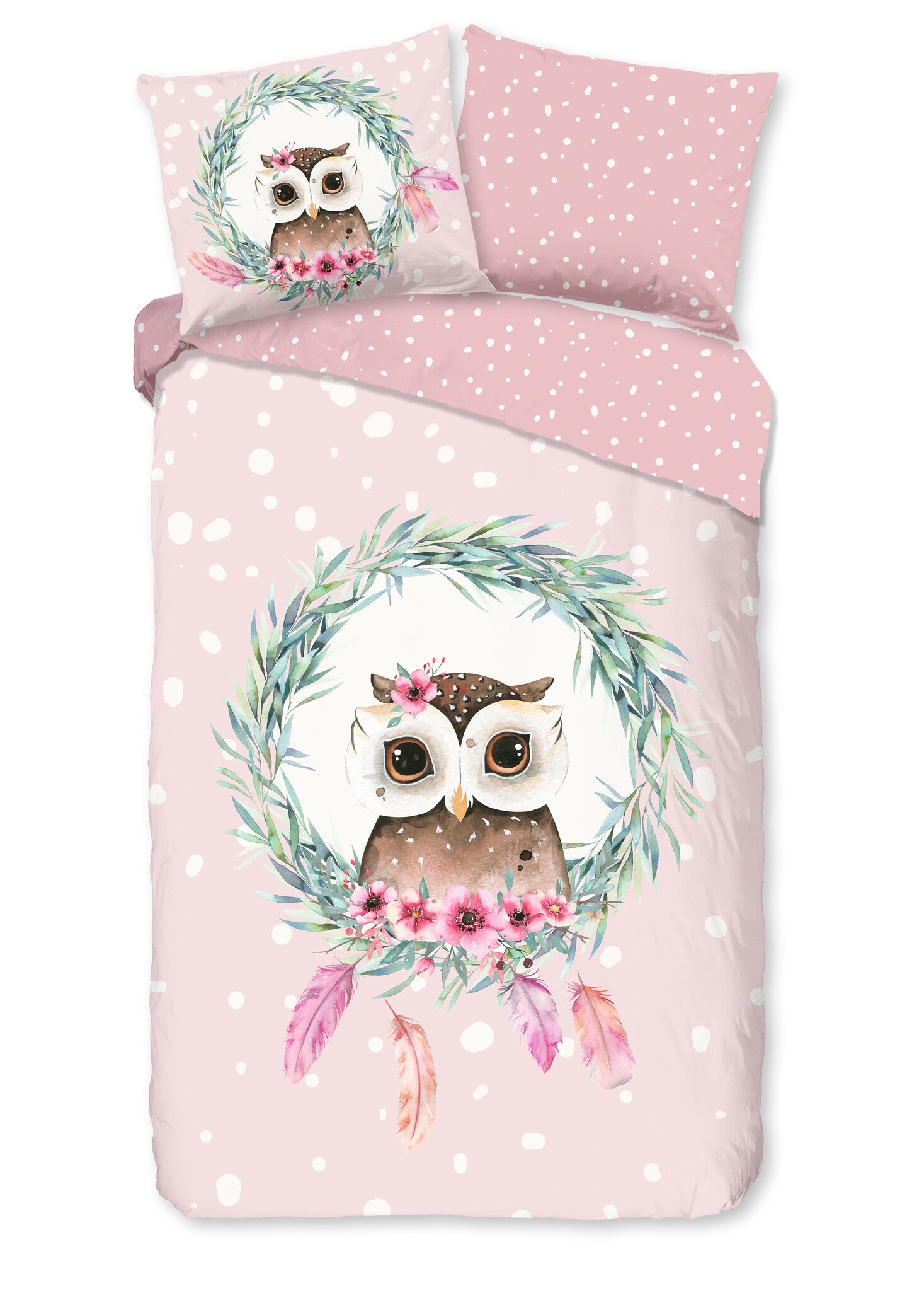 Good Morning kinderdekbedovertrek uil roze - katoen - 140x220 + 60x70 cm