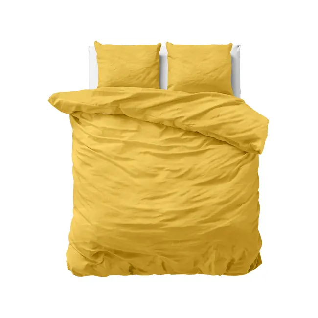 Katoen dekbedovertrek Stone washed - mosterd geel