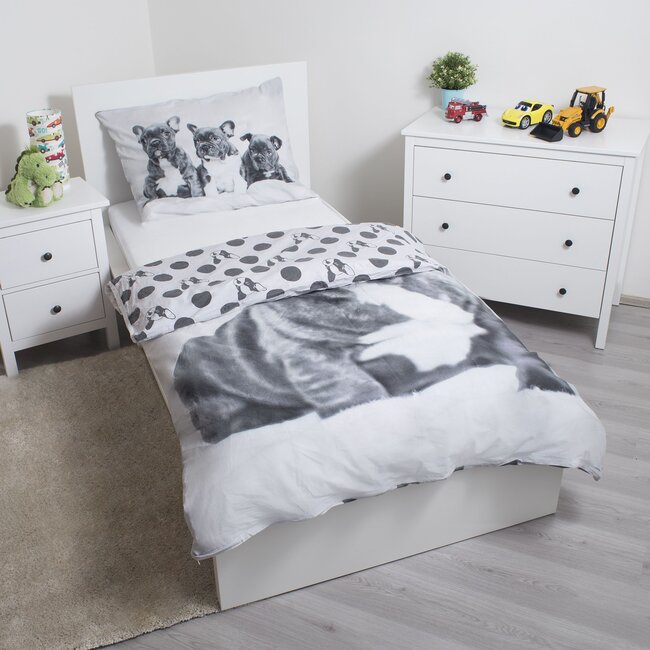 Katoen kinderdekbedovertrek Bulldog puppy's - 140x200 + 70x90 cm