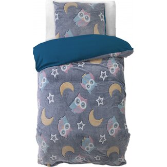 Sleeptime Teddy Fleece kinderdekbedovertrek - Glow in the dark - Owl  - Blauw - eenpersoons