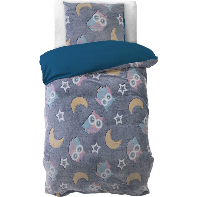 Teddy Fleece kinderdekbedovertrek - Glow in the dark - Owl  - Blauw - 140x220 + 60x70 cm