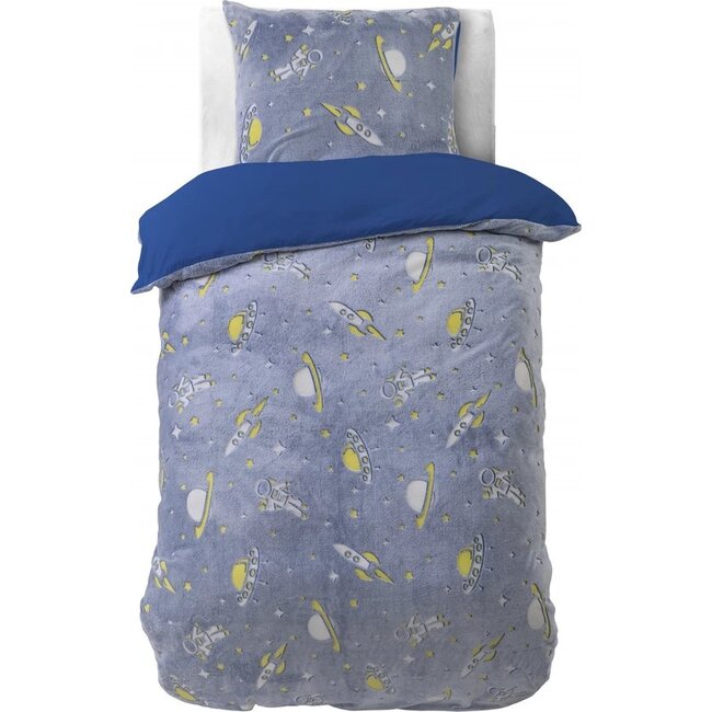 Teddy Fleece kinderdekbedovertrek - Glow in the dark - Space - Blauw - 140x220 + 60x70 cm