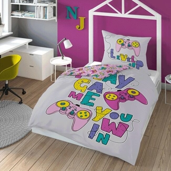 Glow in the dark dekbedovertrek Level up - katoen - 140x200 cm