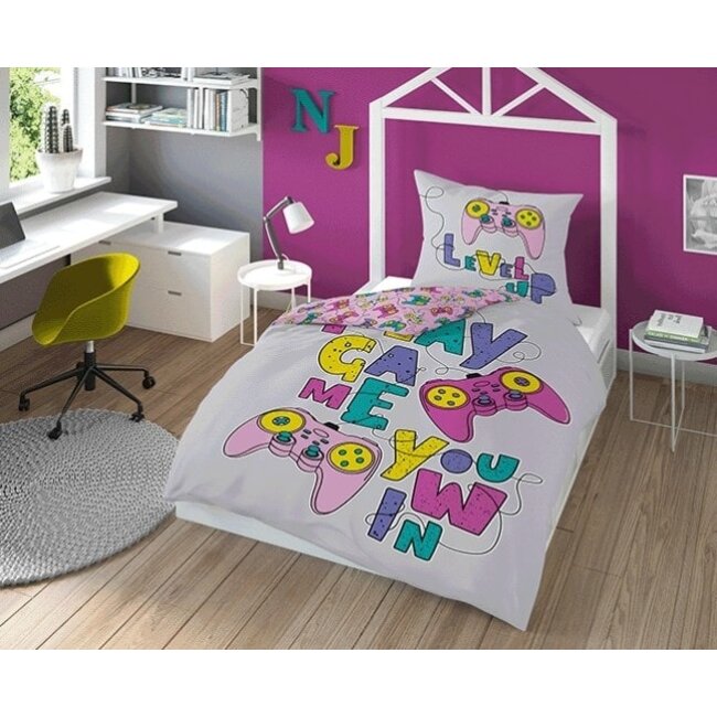Glow in the dark dekbedovertrek Level up - katoen - 140x200 cm