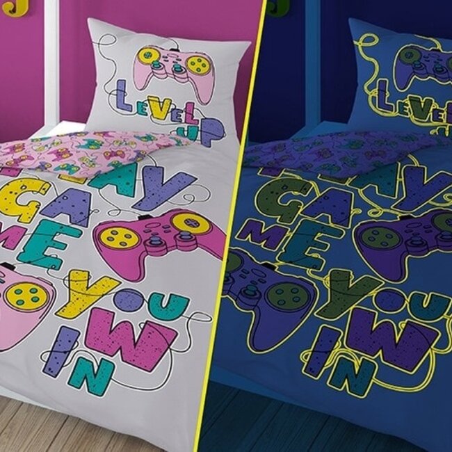 Glow in the dark dekbedovertrek Level up - katoen - 140x200 cm