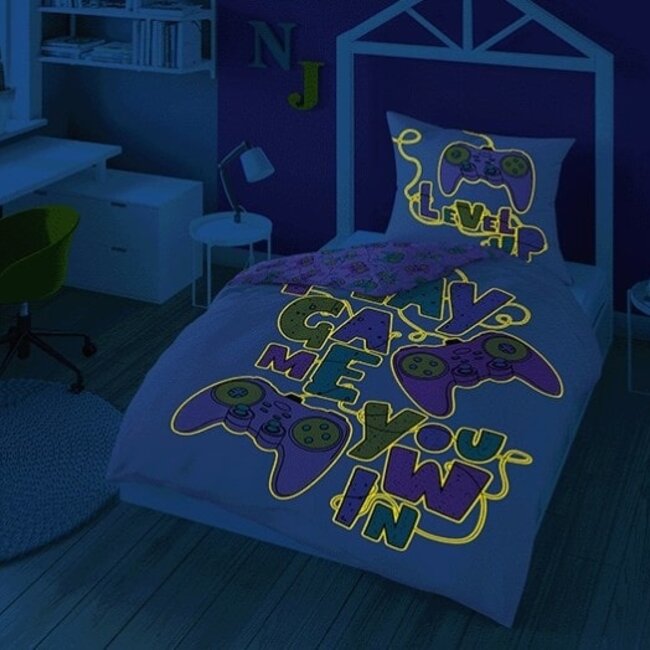 Glow in the dark dekbedovertrek Level up - katoen - 140x200 cm