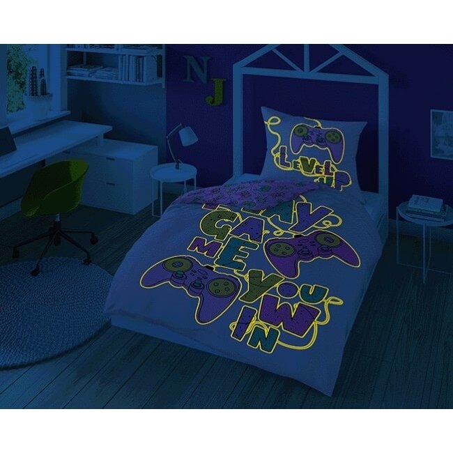 Glow in the dark dekbedovertrek Level up - katoen - 140x200 cm