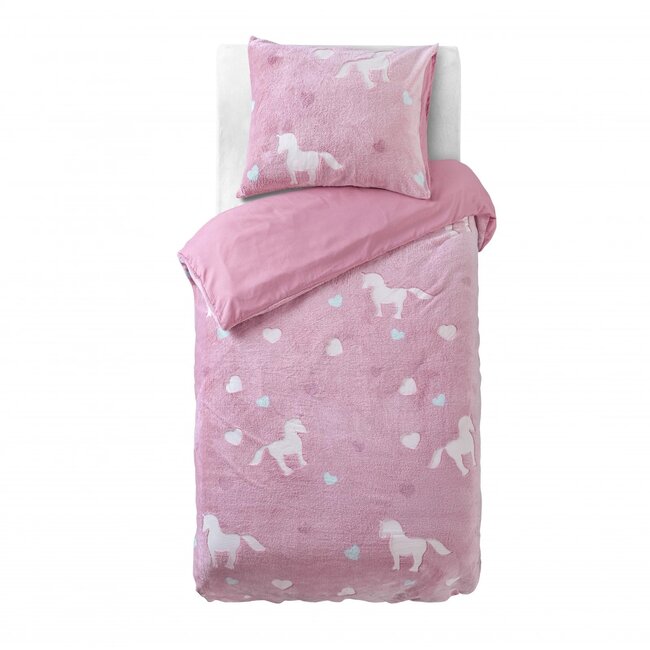 Teddy Fleece kinderdekbedovertrek - Glow in the dark - Unicorn  - Roze - 140x220 + 60x70 cm