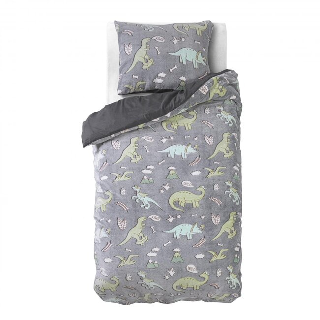 Teddy Fleece kinderdekbedovertrek - Glow in the dark - Dinosaurs - Grijs - 140x220 + 60x70 cm
