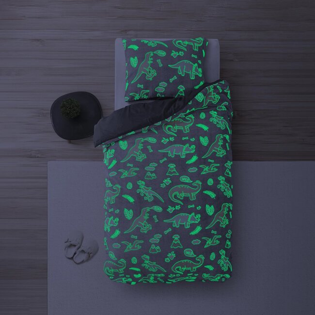 Teddy Fleece kinderdekbedovertrek - Glow in the dark - Dinosaurs - Grijs - 140x220 + 60x70 cm