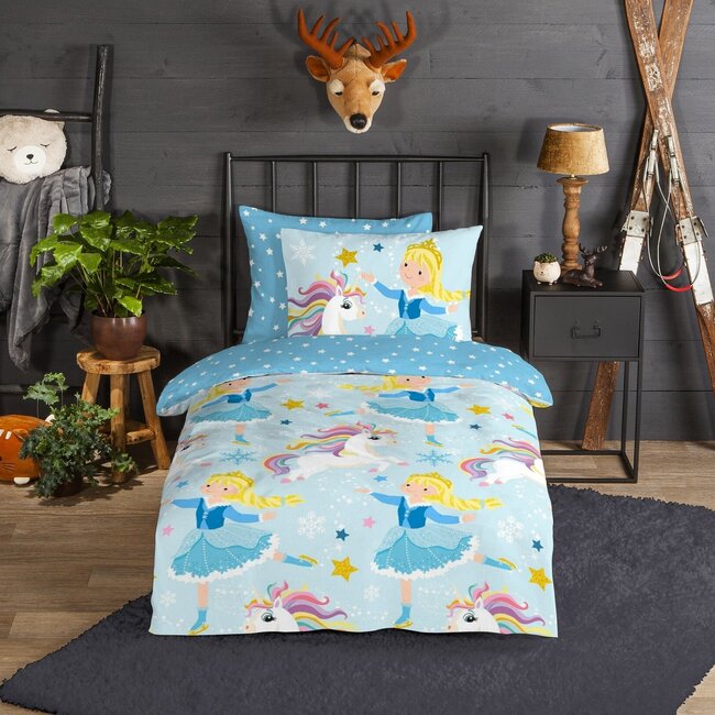Flanel kinderdekbedovertrek Unicorn prinses - 140x220  + 60x70 cm