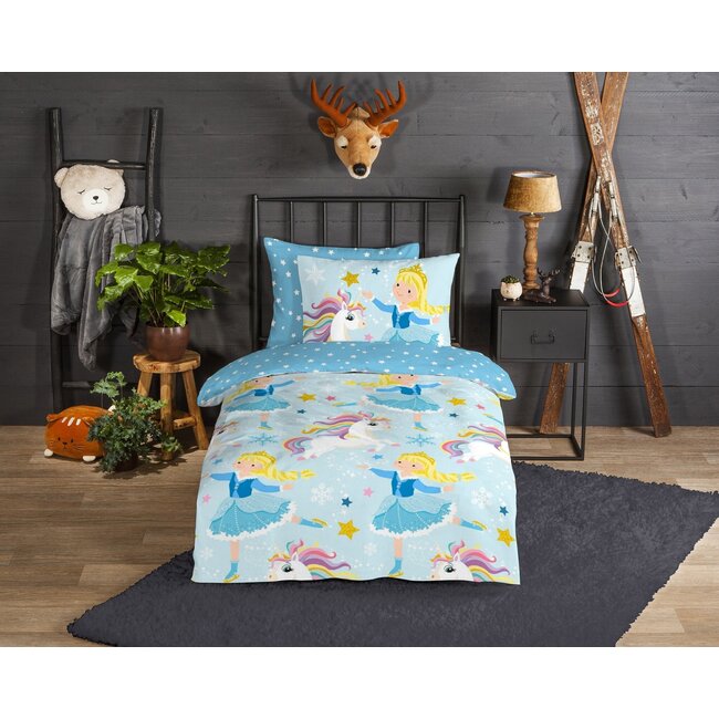 Flanel kinderdekbedovertrek Unicorn prinses - 140x220  + 60x70 cm