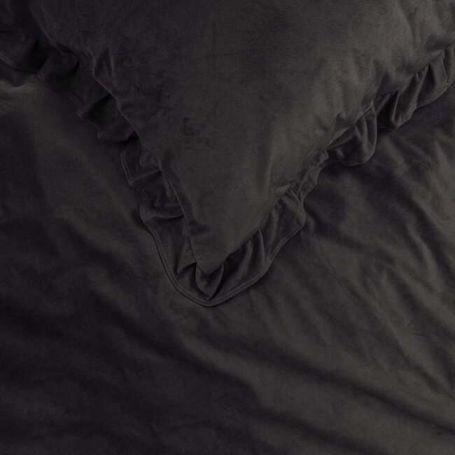 Velvet dekbedovertrek ruffles - zwart/bruin