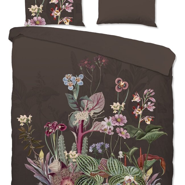 Katoen dekbedovertrek Phoebe -  bruin - bloemenprint
