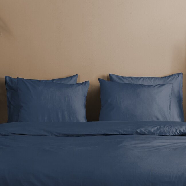 Katoensatijn dekbedovertrek uni donker blauw