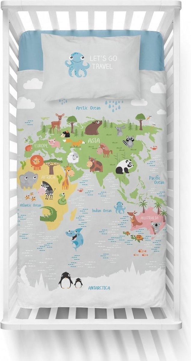 Ledikant dekbedovertrek Let's go travel grijs - katoen - 100x135 cm