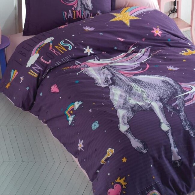 Katoen kinderdekbedovertrek Rainbow unicorn - eenpersoons