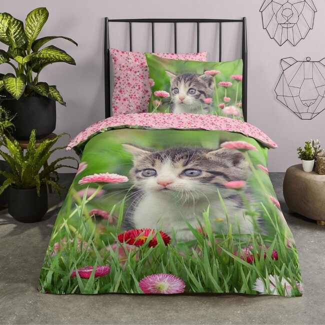 Katoen kinderdekbedovertrek kitten bloemen - 140x220 + 60x70 cm