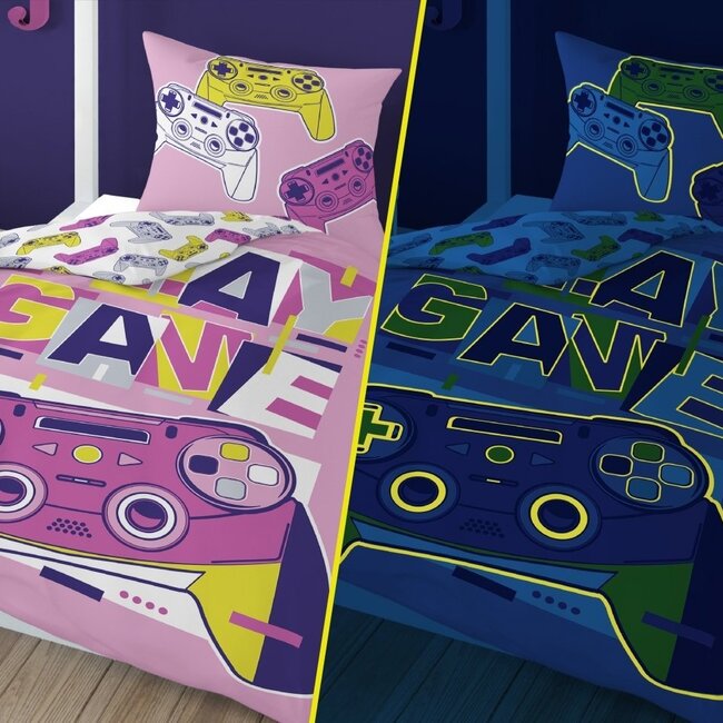 Glow in the dark dekbedovertrek Game roze - katoen - 140x200 + 70x80 cm