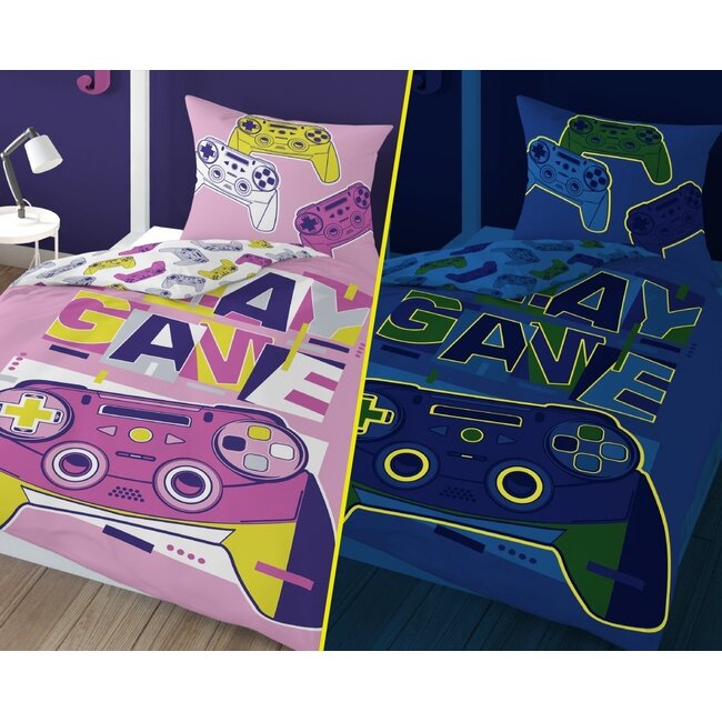 Glow in the dark dekbedovertrek Game roze - katoen - 140x200 + 70x80 cm