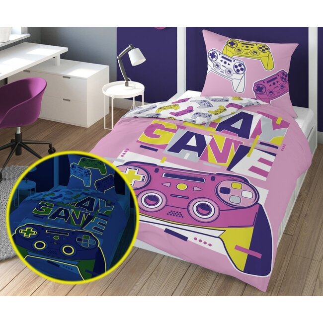 Glow in the dark dekbedovertrek Game roze - katoen - 140x200 + 70x80 cm