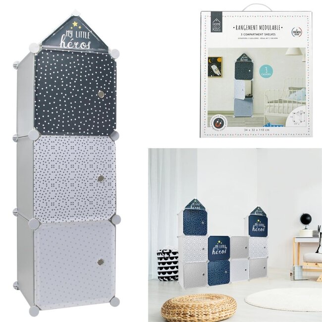 Home deco kids Opbergkubus My Little heros - 3 stuks 30x30 cm - blauw grijs