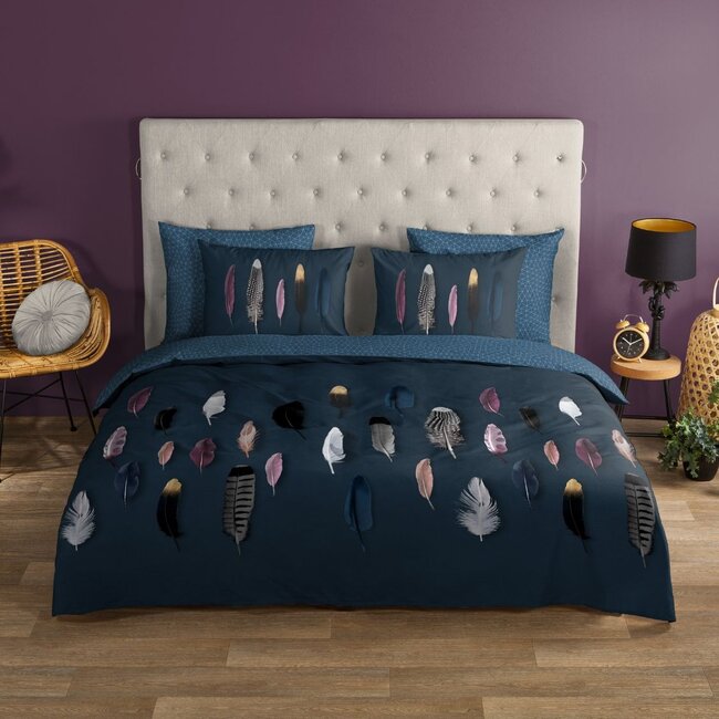 Katoen dekbedovertrek Feathers blauw
