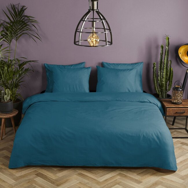 Katoen satijn dekbedovertrek uni petrol