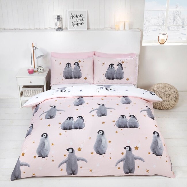 Polykatoen dekbedovertrek Starry pinguïns - Roze