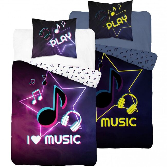 Glow in the dark dekbedovertrek I love music - katoen - 140x200 + 70x80 cm