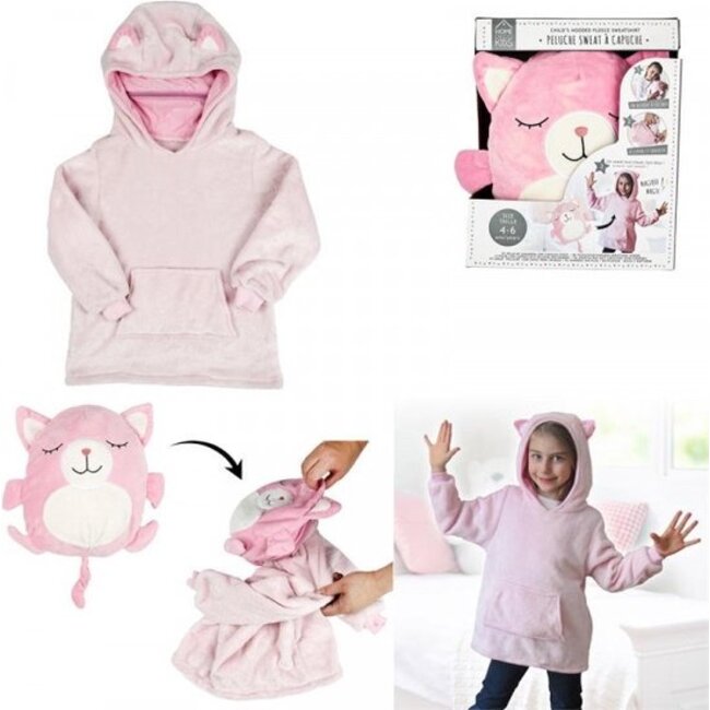 Kinder fleece hoodie - roze met katten oortjes