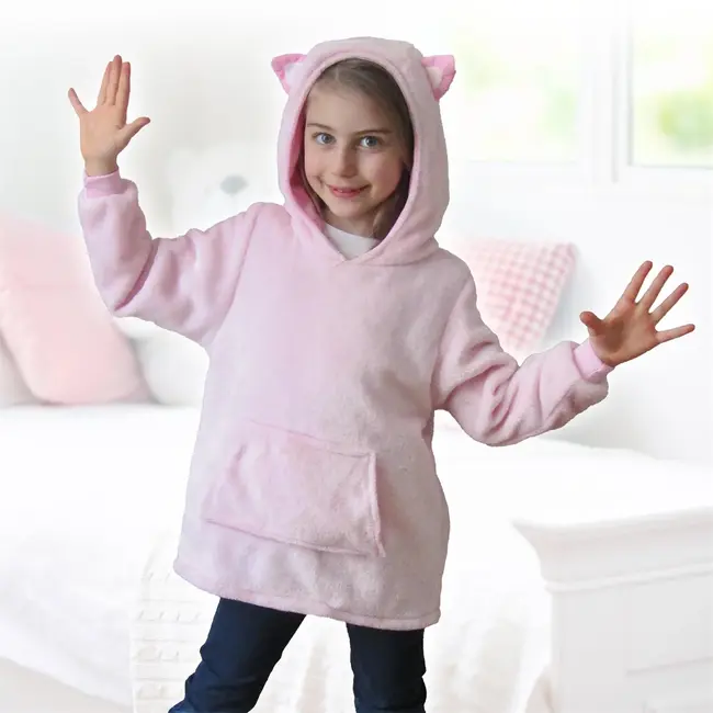 Kinder fleece hoodie - roze met katten oortjes