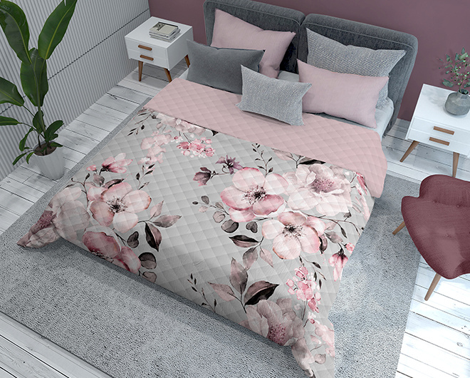 Bedsprei bloemen grijs - achterkant roze - 220x240 cm