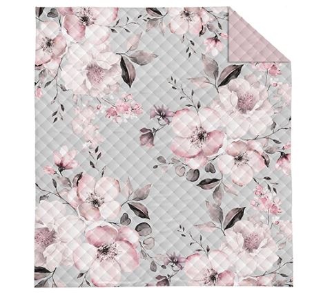 Bedsprei bloemen grijs - achterkant roze - 220x240 cm