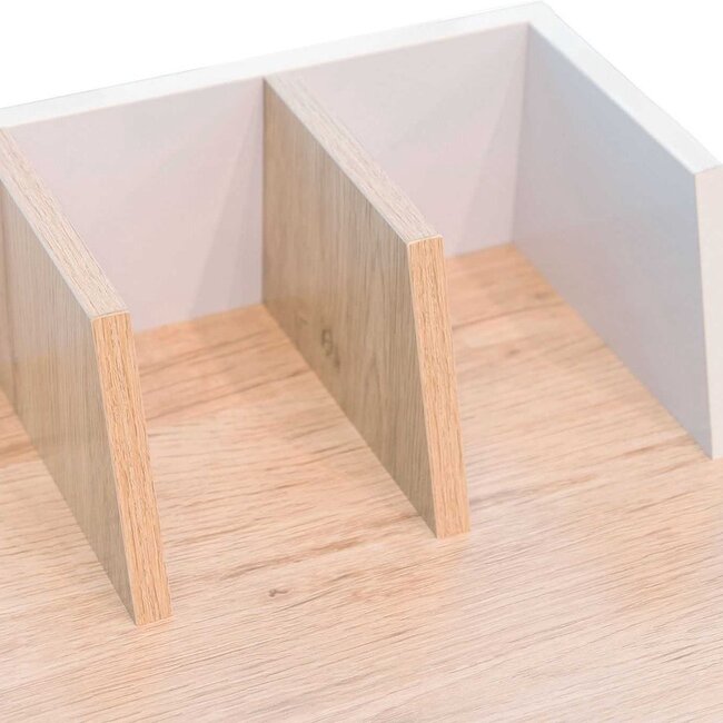 Bureautje met houten blad en wit schotje en onderstel