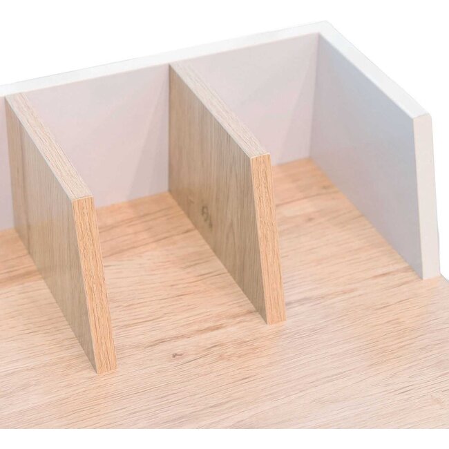 Bureautje met houten blad en wit schotje en onderstel