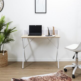 Home deco Bureautje met houten blad en wit schotje en onderstel