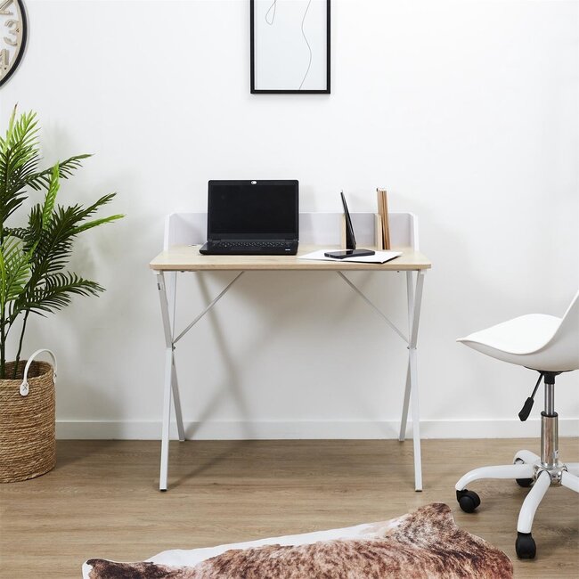 Bureautje met houten blad en wit schotje en onderstel