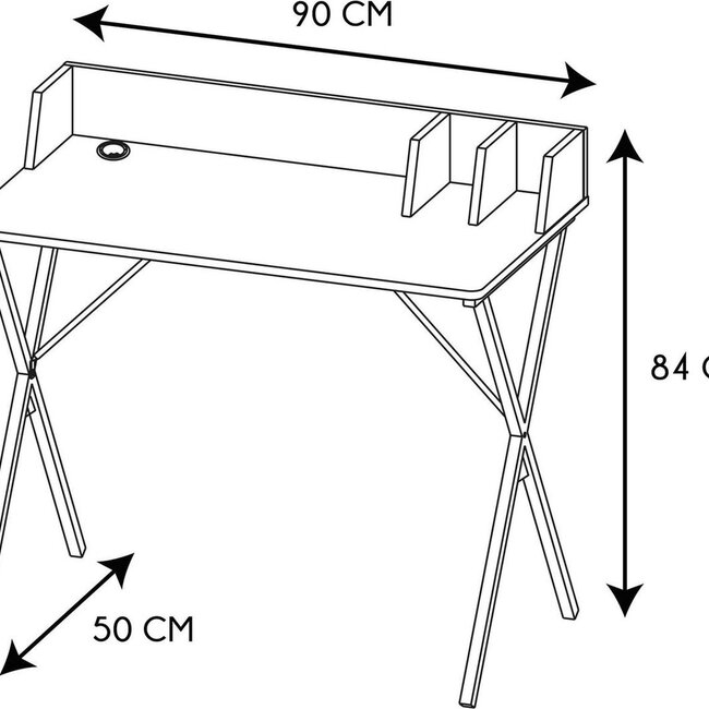 Bureautje met houten blad en wit schotje en onderstel
