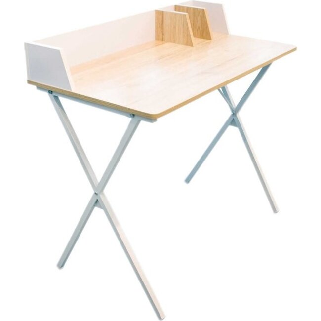 Bureautje met houten blad en wit schotje en onderstel