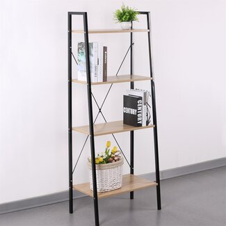 Home deco Wandrek met 4 lagen - houten planken met zwart metalen frame
