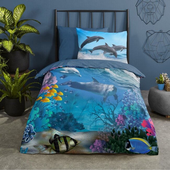 Katoen kinderdekbedovertrek Dolfijnen & vissen - 140x220 + 60x70 cm