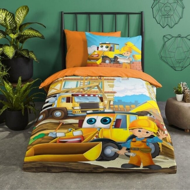 Katoen kinderdekbedovertrek Bouwplaats - 140x220 + 60x70 cm