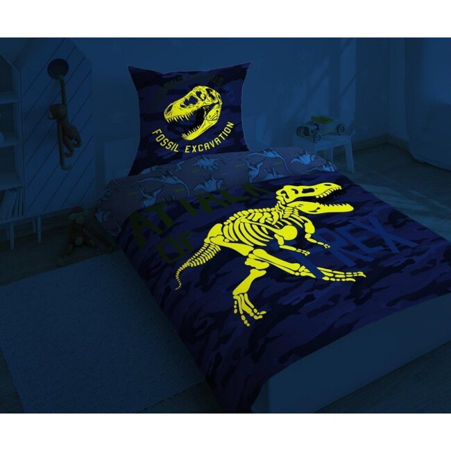 Glow in the dark dekbedovertrek T Rex dino - katoen - 140x200 + 70x80 cm