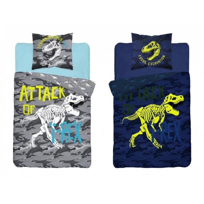 Glow in the dark dekbedovertrek T Rex dino - katoen - 140x200 + 70x80 cm