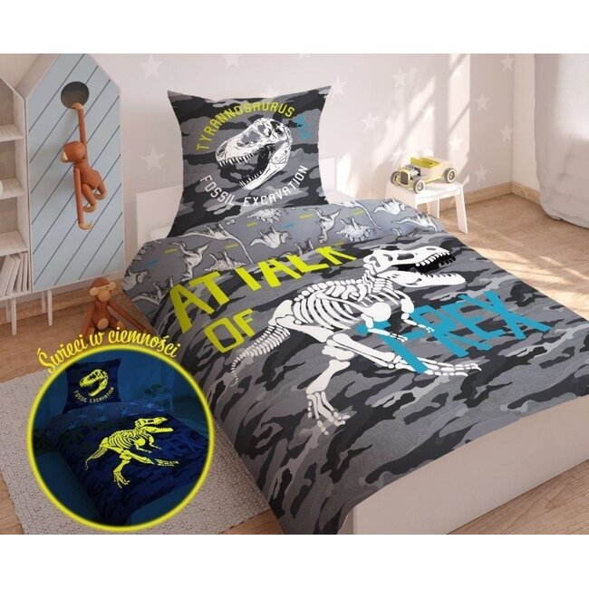 Glow in the dark dekbedovertrek T Rex dino - katoen - 140x200 + 70x80 cm