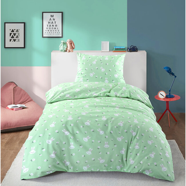 Katoen kinderdekbedovertrek Bunny konijn groen - 140x200 + 60x70 cm