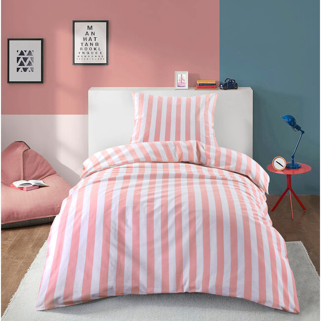 Dekbedovertrek Strepen roze wit - Katoen - eenpersoons
