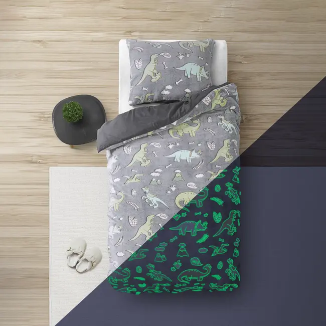 Teddy Fleece kinderdekbedovertrek - Glow in the dark - Dinosaurs - Grijs - 140x220 + 60x70 cm